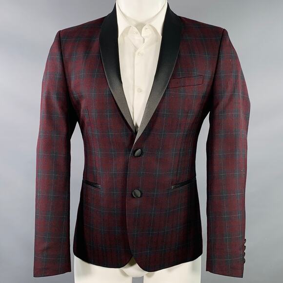 New York Cut Burgundy Black Checkered Polyester Blend Shawl Collar Tuxedo Jacket - Picture 1 of 9